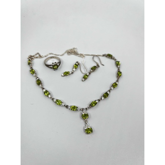 Natural Peridot Gemstone 925 sterling silver Handmade necklace Set Earning Ring - Picture 5 of 10